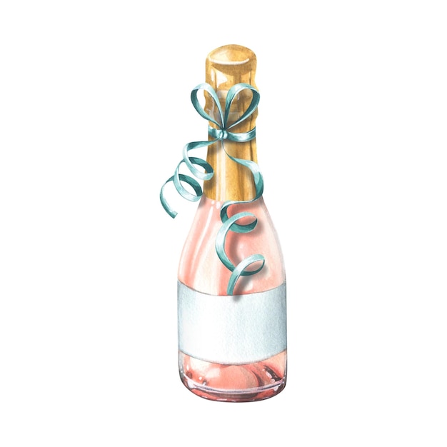 Una botella cerrada de champán rosa con una cinta festiva Ilustración de acuarela Un objeto aislado de un gran conjunto de FELIZ CUMPLEAÑOS Para decoración y diseño