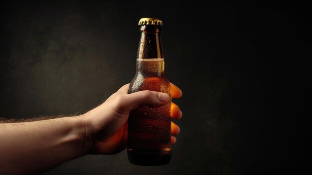 Foto botella de cerveza agarrada en la mano contra el tono oscuro