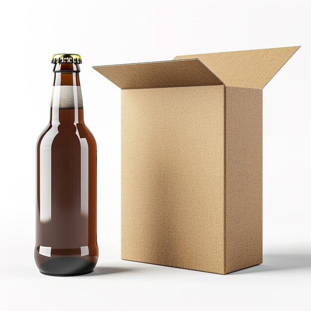 una botella de cerveza al lado de una caja marrón