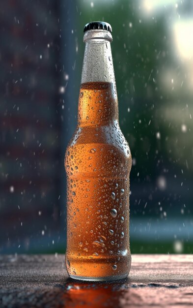 botella de cerveza araffe sentada en una mesa bajo la lluvia ai generativo