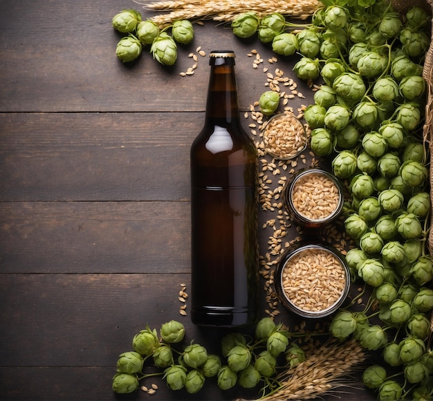 Botella de cerveza con conos de lúpulo y grano en fondo de madera Vista superior