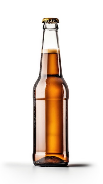 Botella de cerveza de cristal sobre un fondo blanco.