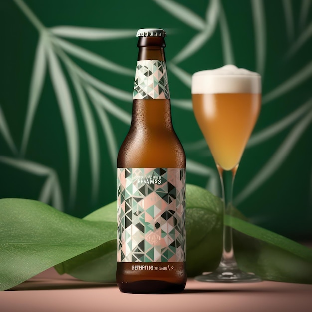 Una botella de cerveza con embalaje de cerveza con patrón de hojas.