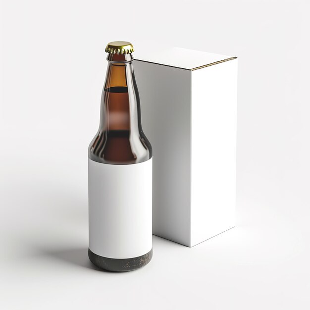 una botella de cerveza está al lado de una caja que dice cerveza