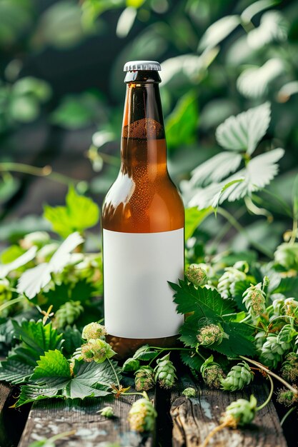 Una botella de cerveza está sentada en una mesa de madera con hojas verdes