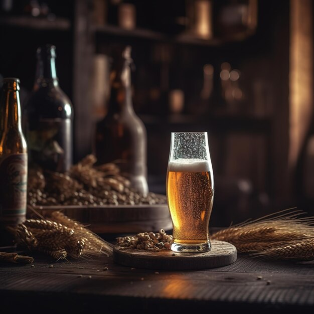 Una botella de cerveza está sobre una mesa con algo de trigo y una botella de cerveza.