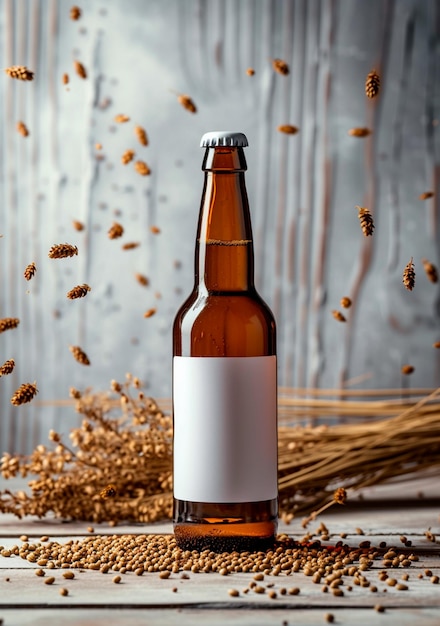 Botella de cerveza con etiqueta blanca con fondo de lúpulo seco