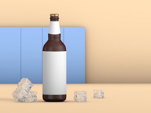 Botella de cerveza con etiqueta en blanco y trozos de hielo. procesamiento 3d