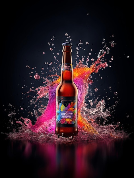 una botella de cerveza con un fondo colorido y la palabra " arco iris " en él.