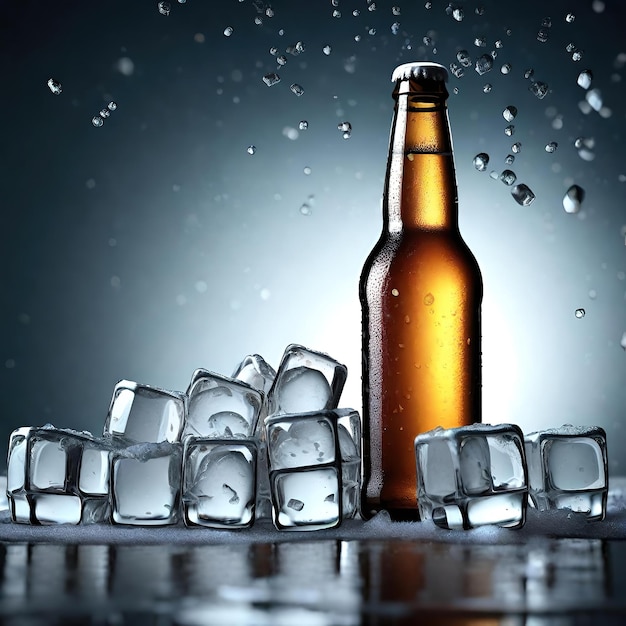 Botella de cerveza fría con cubitos de hielo sobre fondo gris