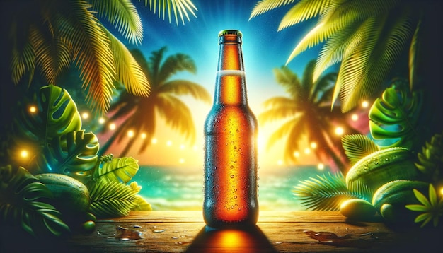 botella de cerveza fría con gotas refrescantes en su superficie un vibrante tropical