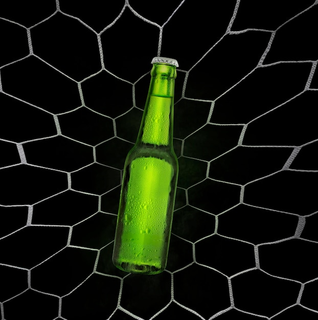 Botella de cerveza con gotas de agua fría en el fondo de malla 3d render