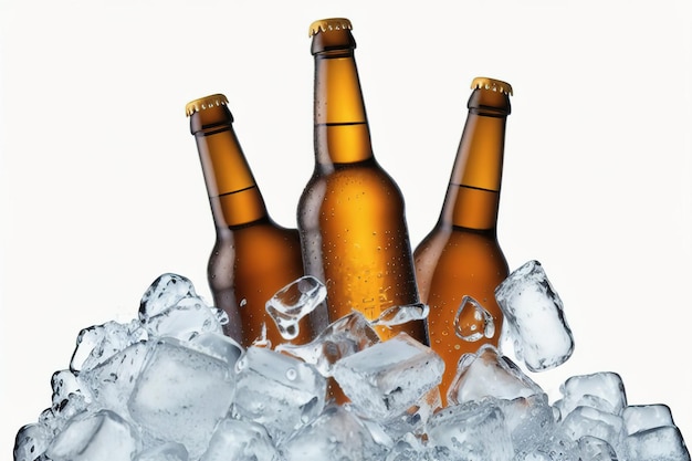 Botella de cerveza en hielo sobre un fondo blanco IA generativa