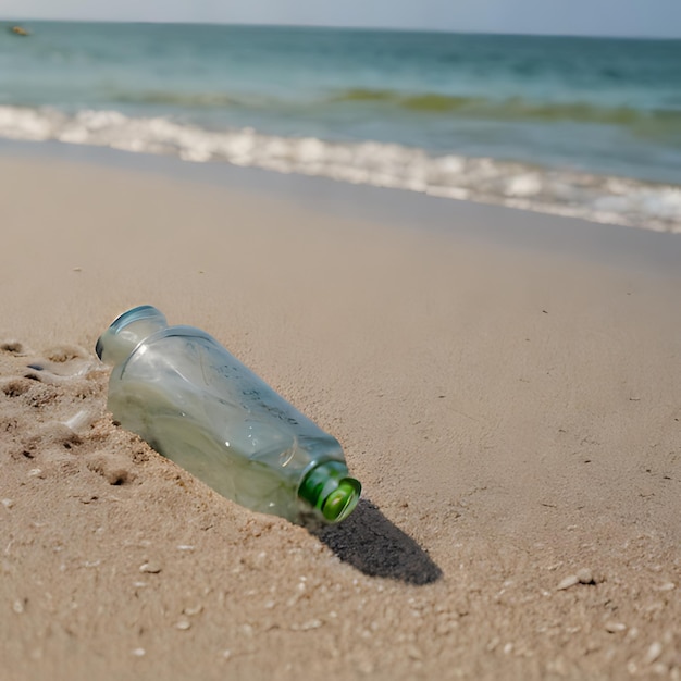 una botella de cerveza en una playa con el océano en el fondo