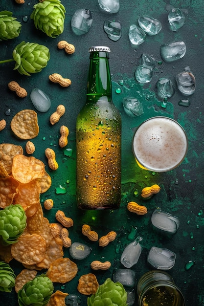 Foto botella de cerveza realista con burbujas doradas en el fondo con bocadillos una bebida refrescante sin etiqueta