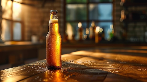 botella de cerveza sentada mesa mucho profunda textura de madera sin costuras muestra fondo distante grande rígido