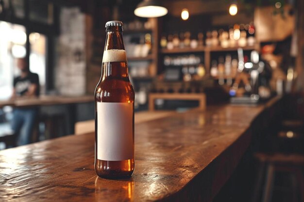 una botella de cerveza sentada en la parte superior de una barra de madera