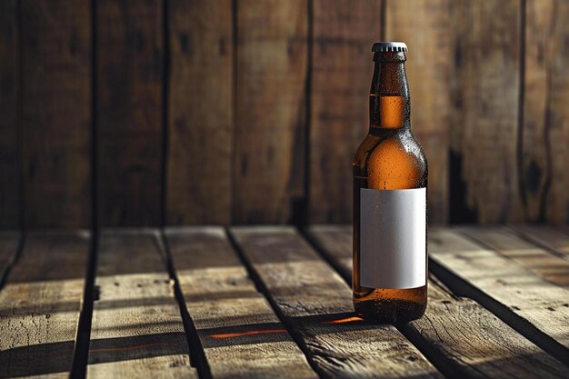 una botella de cerveza sentada sobre una mesa de madera