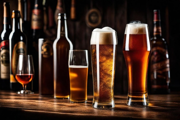 Foto una botella de cerveza se sienta al lado de un vaso lleno de cerveza