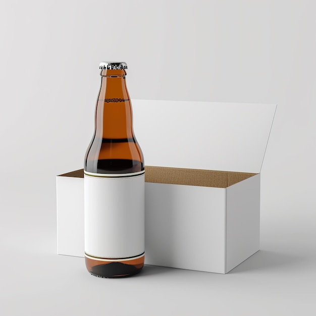 Foto una botella de cerveza se sienta en una caja blanca