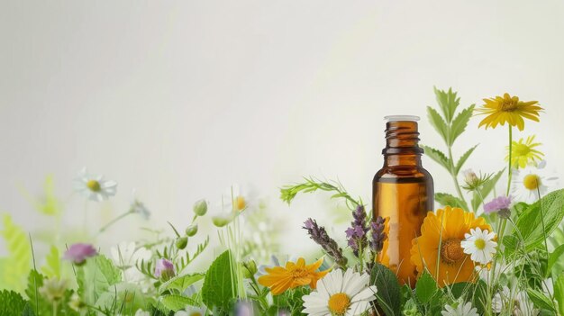 una botella de cerveza se sienta en un lecho de flores con flores en el fondo