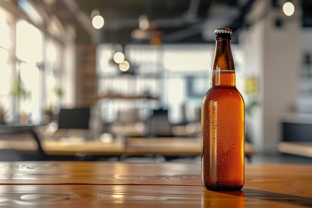 Una botella de cerveza se sienta en una mesa de madera en una habitación débilmente iluminada