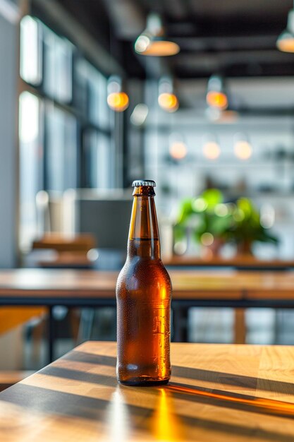 Una botella de cerveza se sienta en una mesa en un restaurante