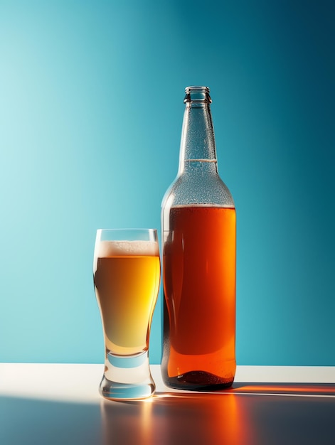 Una botella de cerveza y un vaso de cerveza están sobre una mesa.