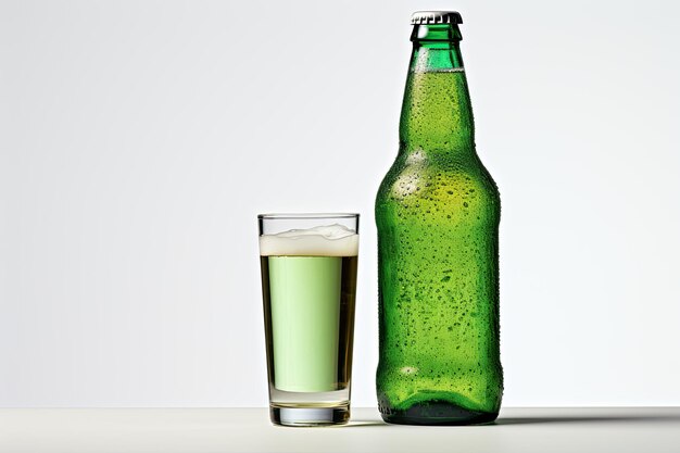 Botella de cerveza verde y lata de cerveza verde con gotas de agua sobre un fondo blanco