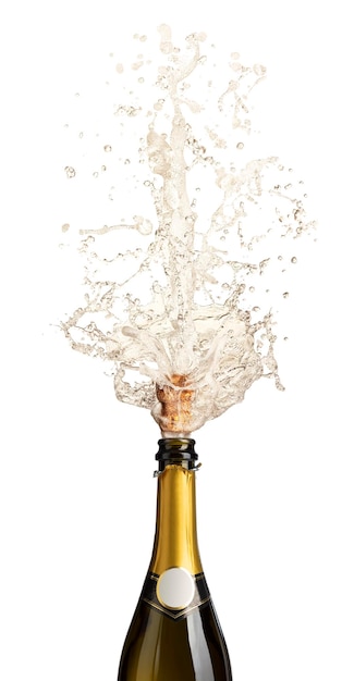 Botella de champagne descorchando con salpicaduras y corcho en movimiento. aislado en blanco. concepto de celebración.