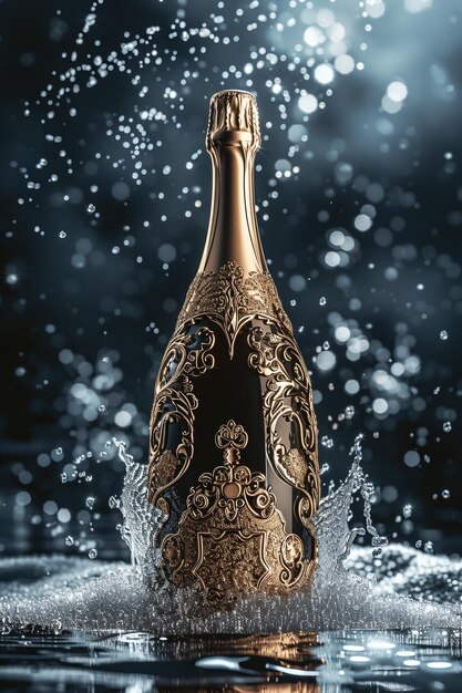 Botella de champán adornada con efecto Bokeh espumoso