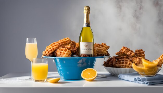 Foto una botella de champán al lado de un plato de gofres y jugo de naranja