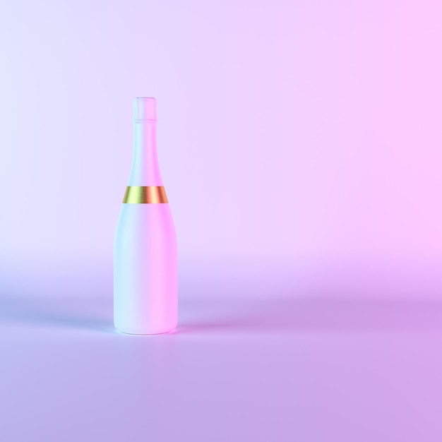 Botella de champán blanco con coloridas luces de neón holográficas ultravioleta 3d render