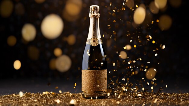 Una botella de champán de celebración con chispas de oro