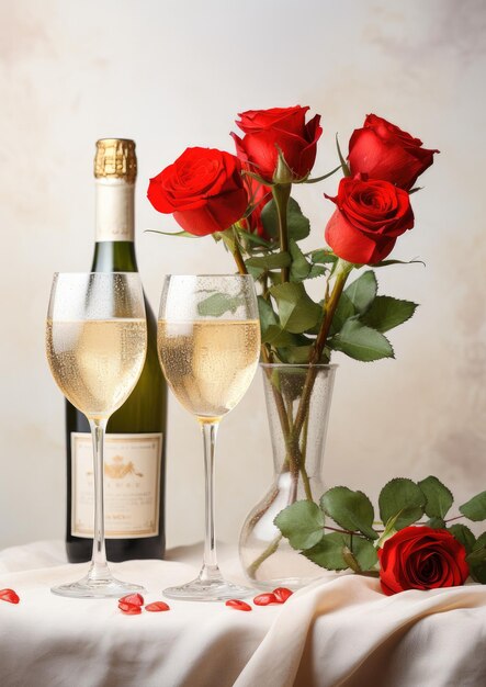 Botella de champán con copas de champán en la mesa Regalo de San Valentín IA generativa