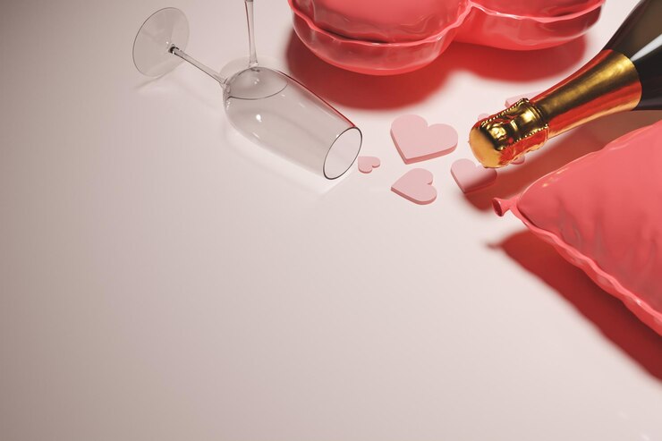 Botella de champán con copas y corazones románticos.