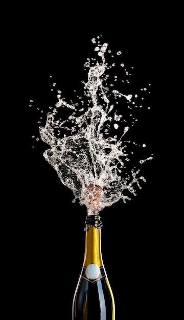 Foto botella de champán con corcho volando con salpicaduras de líquido en negro. concepto de celebración, fiesta.