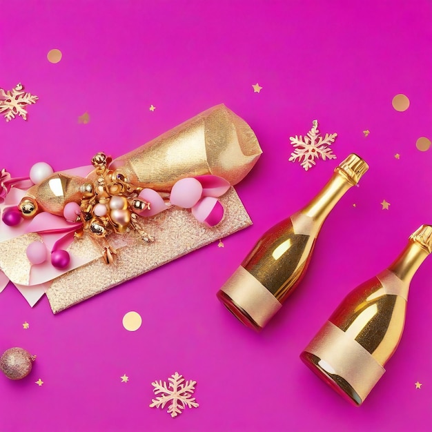 Foto botella de champán y decoraciones navideñas en fondo rosado vista superior plana