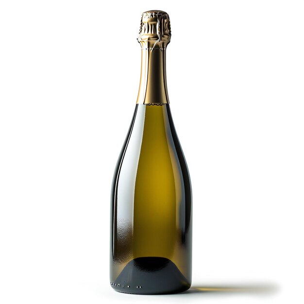 Botella de champán dorada con un elegante papel de aluminio en blanco