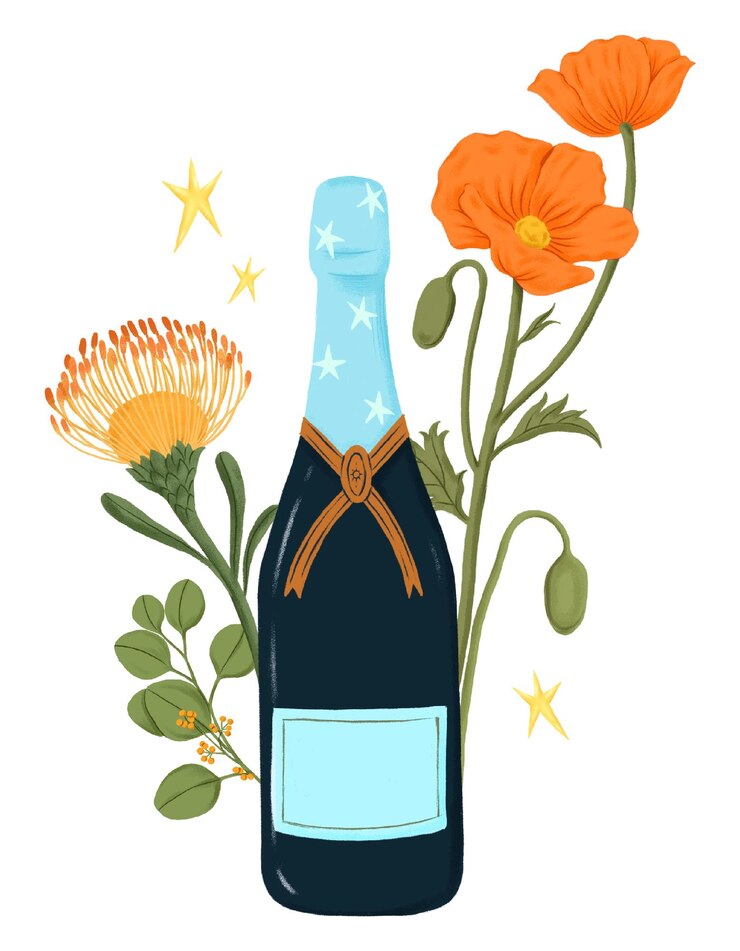 Botella de champán floral pegatina png celebración de la bebida ilustración de fondo transparente