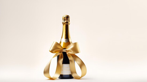 Botella de champán con fondo dorado atada con broches de cinta de fiesta y estrellas Generative AI