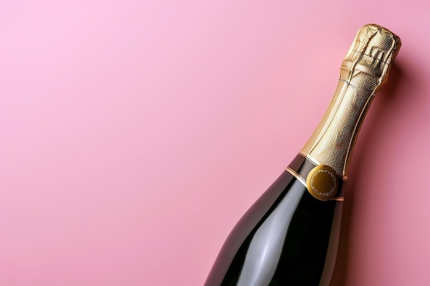 Botella de champán en fondo pastel Fondo de fiesta con celebración de vino espumoso Vista superior plana creativa con espacio de copia Concepto de cumpleaños o boda de noche de soltera