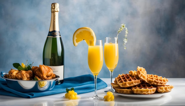 una botella de champán y gafas están en una mesa con un plato de gafas y vasos de jugo de naranja