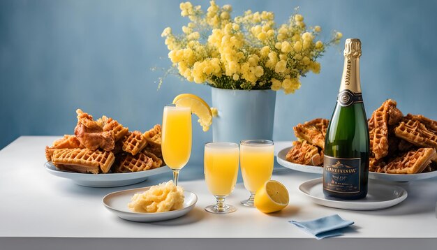 una botella de champán junto a dos vasos de jugo de naranja y waffles