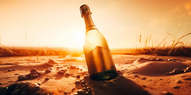 Botella de champán en la playa con la puesta de sol detrás