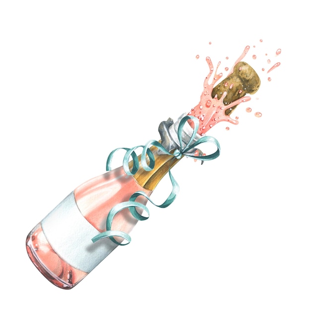 Una botella de champán rosa con una cinta festiva y una fuente, una explosión de champán.