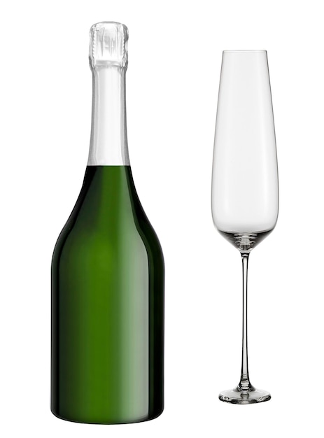 Botella de champán con vidrio aislado sobre fondo blanco.