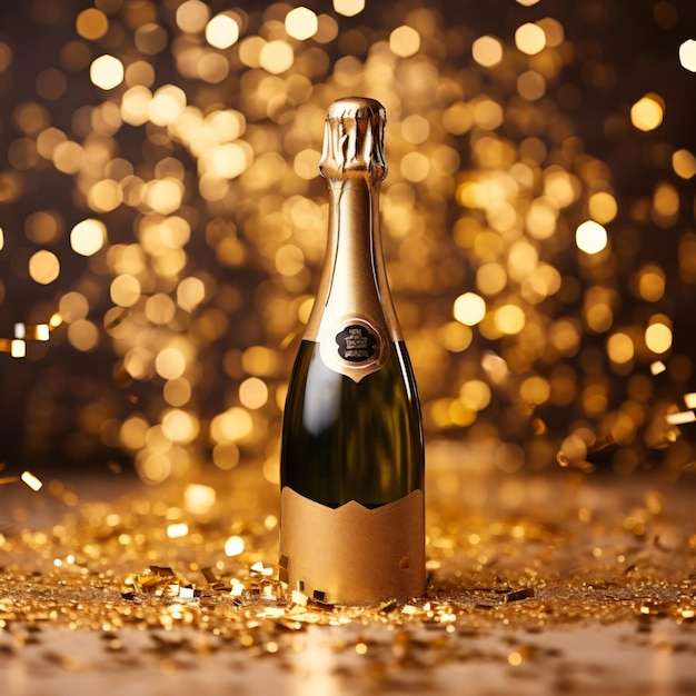 Botella de champaña con confeti estrellas decoración bokeh