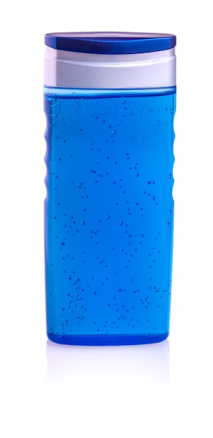 Botella de champú azul sobre blanco