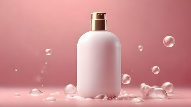 botella de champú blanca con burbujas de jabón en un fondo rosa sencillo